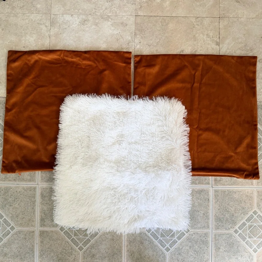 Throw Pillow Cover Set‎ 3pc NordECO HOME White Faux Fur Burnt Orange Velour 17.5